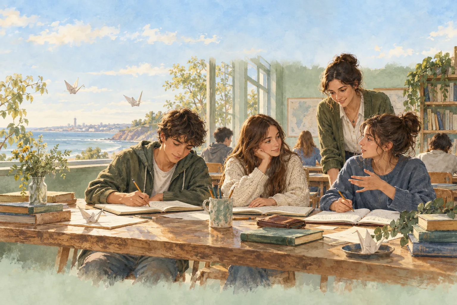 Ilustración en acuarela de estudiantes y una docente compartiendo historias alrededor de una mesa.